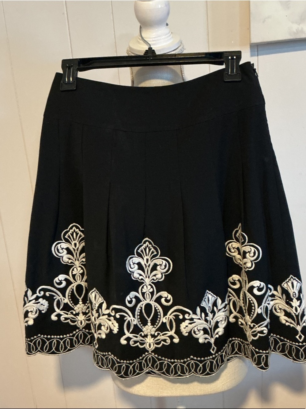 Ann Taylor Black Midi Skirt with White Embroidered Hem
